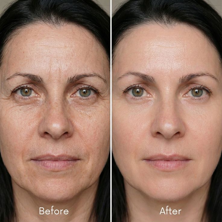 Side-by-side comparison of a middle-aged woman’s face showing “Before” with wrinkles and uneven skin tone, and “After” where the GlowLift Ice Facial Massager reduces puffiness, smooths skin, and minimizes wrinkles.