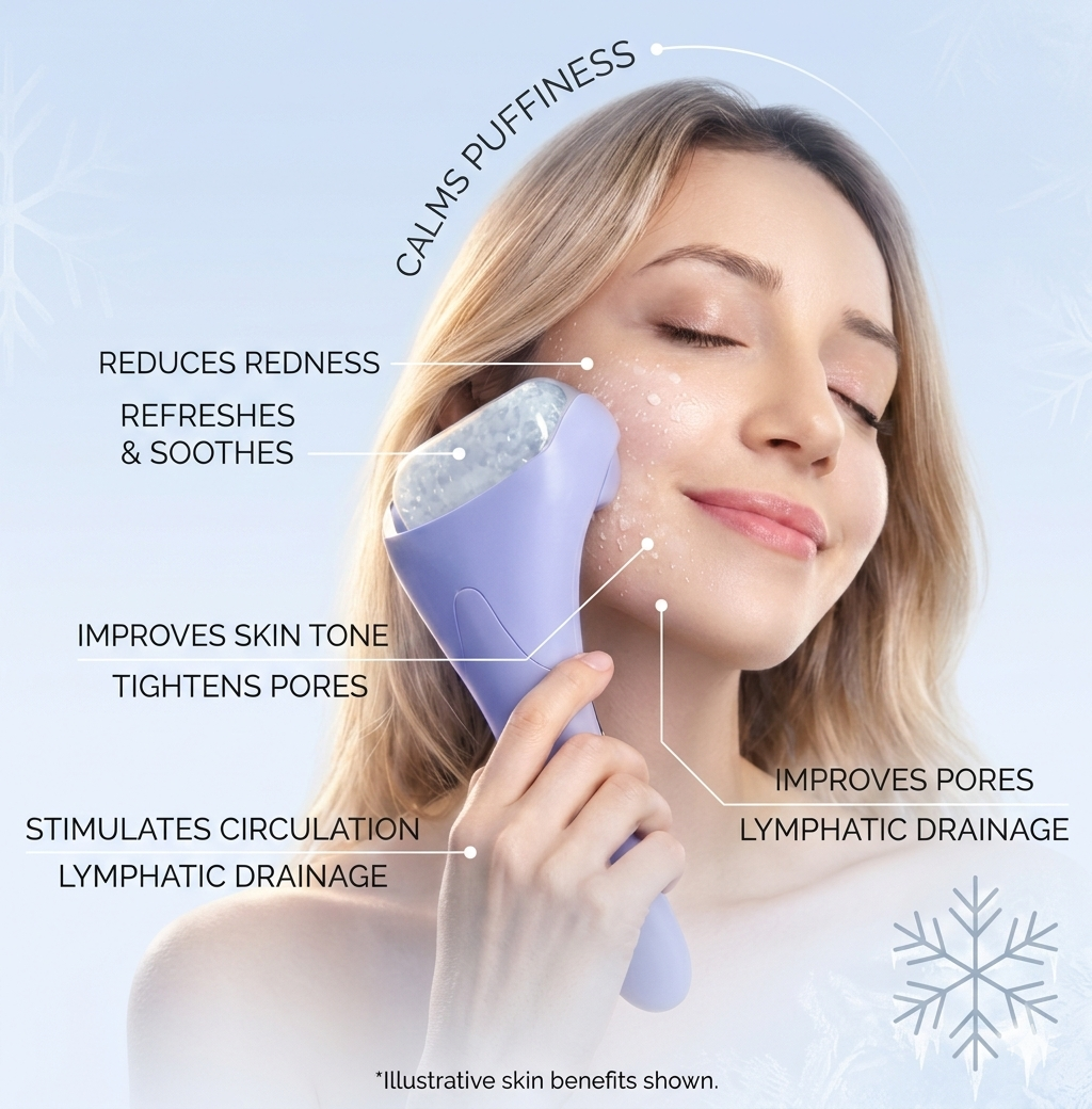 A woman smiles with closed eyes, using the GlowLift Ice Facial Massager on her cheek. Text highlights: cold therapy calms puffiness, reduces redness, refreshes skin, soothes, improves tone, tightens pores, and aids lymphatic drainage.