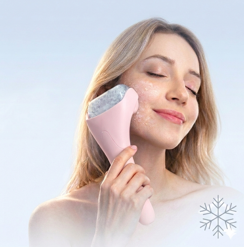 A woman with long blonde hair smiles with her eyes closed while gently gliding the GlowLift Ice Facial Massager across her cheek. A snowflake icon hints at cold therapy to reduce puffiness, suggesting a soothing cooling skincare treatment.